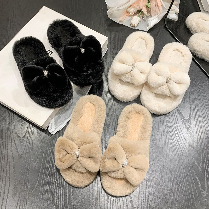 Pantofole pelose per abbigliamento esterno da donna 2023 nuove pantofole in cotone a una linea con suola spessa con fiocco autunno e inverno_voghion.com
