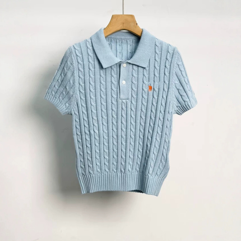 High-Quality, Qr Code Scannable, In-Stock Rl Brand Polo Collar Short-Sleeve Knit Sweater with Pony Logo Embroidery and Cable Knit Design for Men and Women