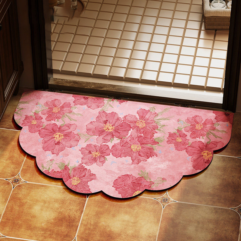 American-Style Semi-Circular Pink Peony Bathroom Floor Mat Diatomaceous Earth Absorbent Mat Non-Slip Bathroom Mat Toilet Carpet