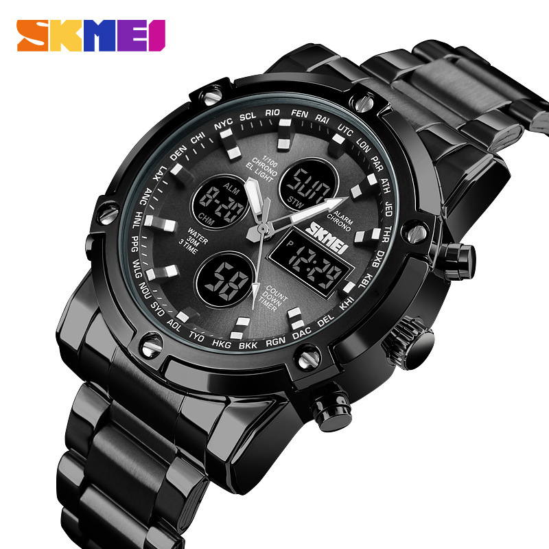SKMEI multi-funcional correa de acero impermeable reloj de los hombres de doble sincronización luminosa deportes reloj electrónico 1389