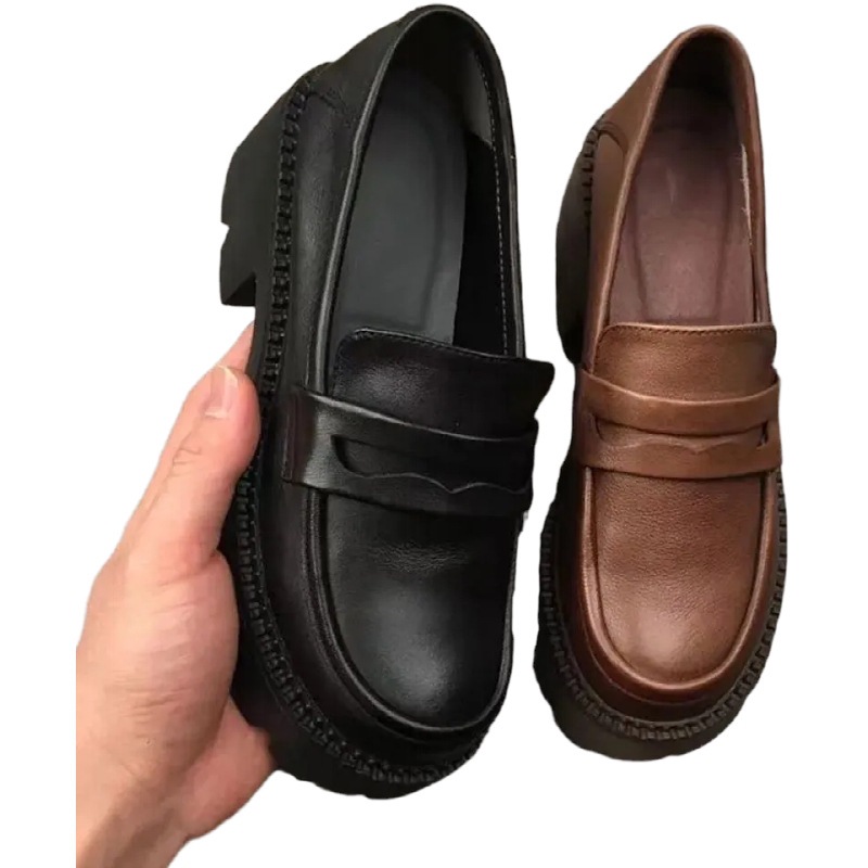 Primavera y otoño zapatos de cuero suave de un solo pie para mujeres aumentan la altura de los zapatos de cuero de estilo británico para mujeres con suela suave y gruesa zapatos de Lefour
