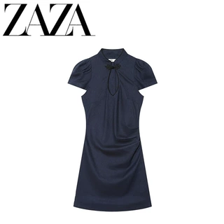 ZAZA 自制欧美风 批发女装 时尚百搭绳结扣亚麻迷你连衣裙7767826