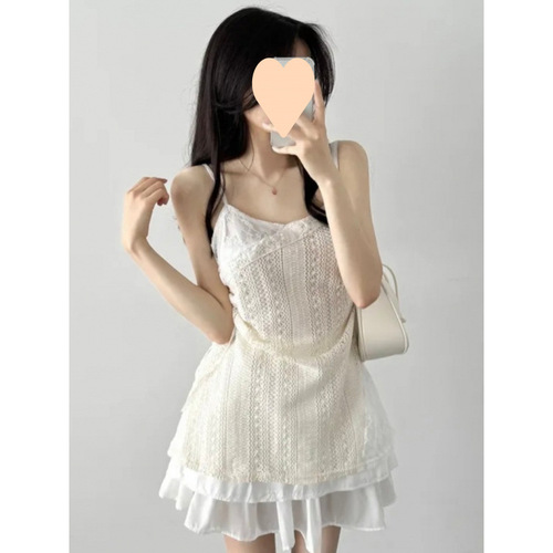 Autumn/Winter French-style fashionable, breezy drawstring tie-waist lace camisole for women, layered with chiffon skirt as base layer dress