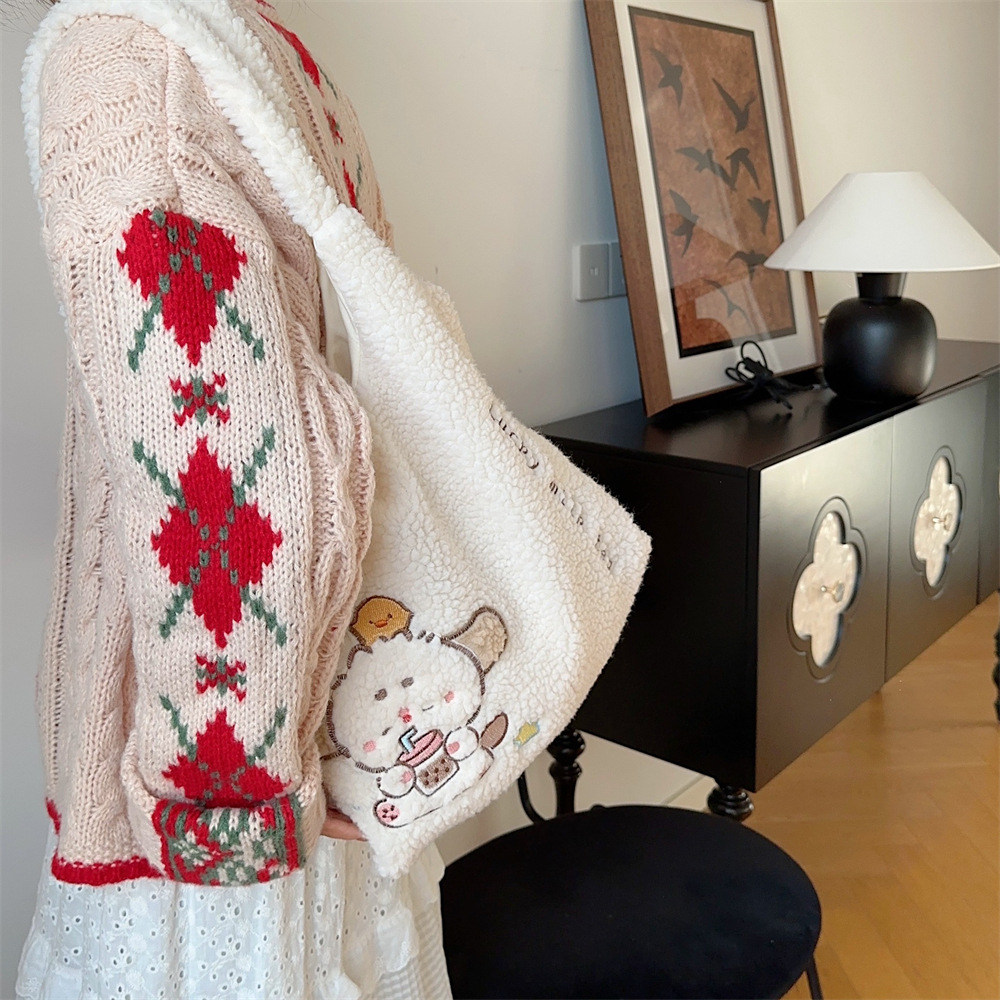 312201 Korean version ins Autumn/Winter Collection, fluffy single-shoulder bag, cute female dog embroidered large capacity tote bag undefined