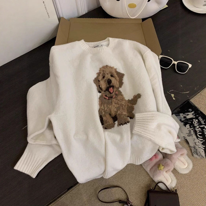 Japanese-Style Cute Dog Round Neck Pullover Top for Women, Autumn and Winter Soft and Loose Lazy Style White Sweater Trendy