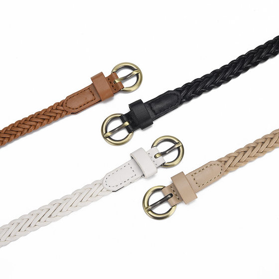 Summer Vintage Woven Bronze Buckle Women's Thin Belt Fashionable All-match Dress Punch-free PU Decorative Belt Women
