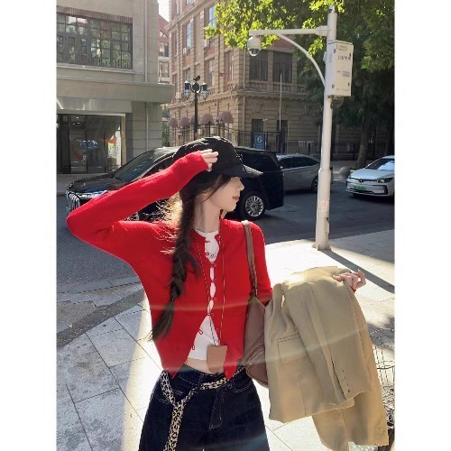 温柔风设计感撞色假两件拼接针织衫女2025秋季修身显瘦长袖上衣潮|undefined