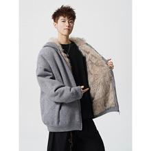 冬季新款男士高品质加绒加厚座山雕毛领外套针织衫保暖棉服青少年