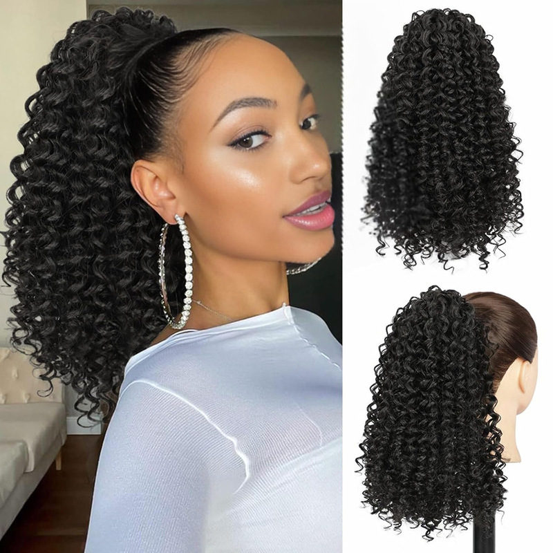 Deep wave curly ponytail wig 25cm African small curl drawstring ponytail synthetic fiber hair extension wig for women Deep wave curly ponytail wig 25cm African small curl drawstring ponytail synthetic fiber hair extension wig for women