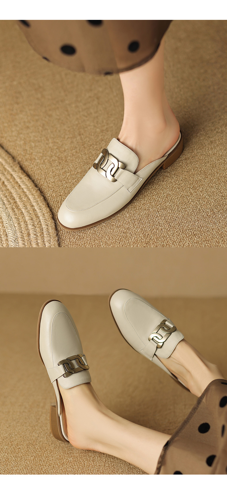 Giày mule nữ da bò mũi nhọn gót thấp 2 cm — Màu đen chi tiết 12