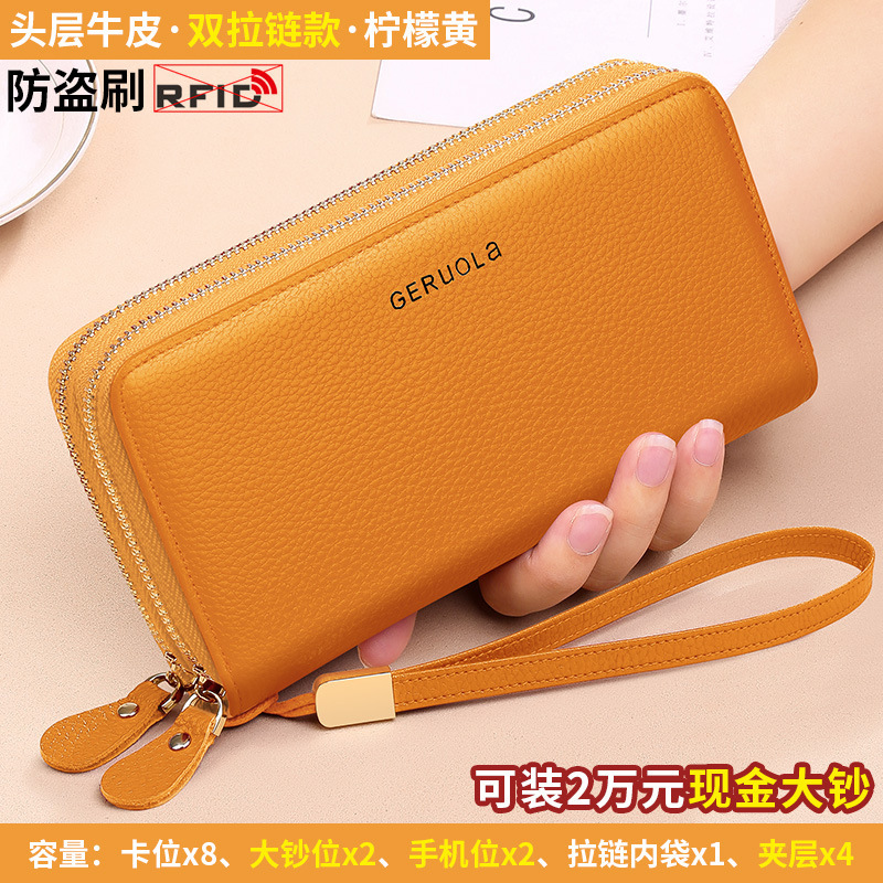 Cartera explosiva de comercio exterior para mujer, moda para mujer, cartera de piel de vaca de primera capa de gran capacidad, embrague de cuero con doble cremallera