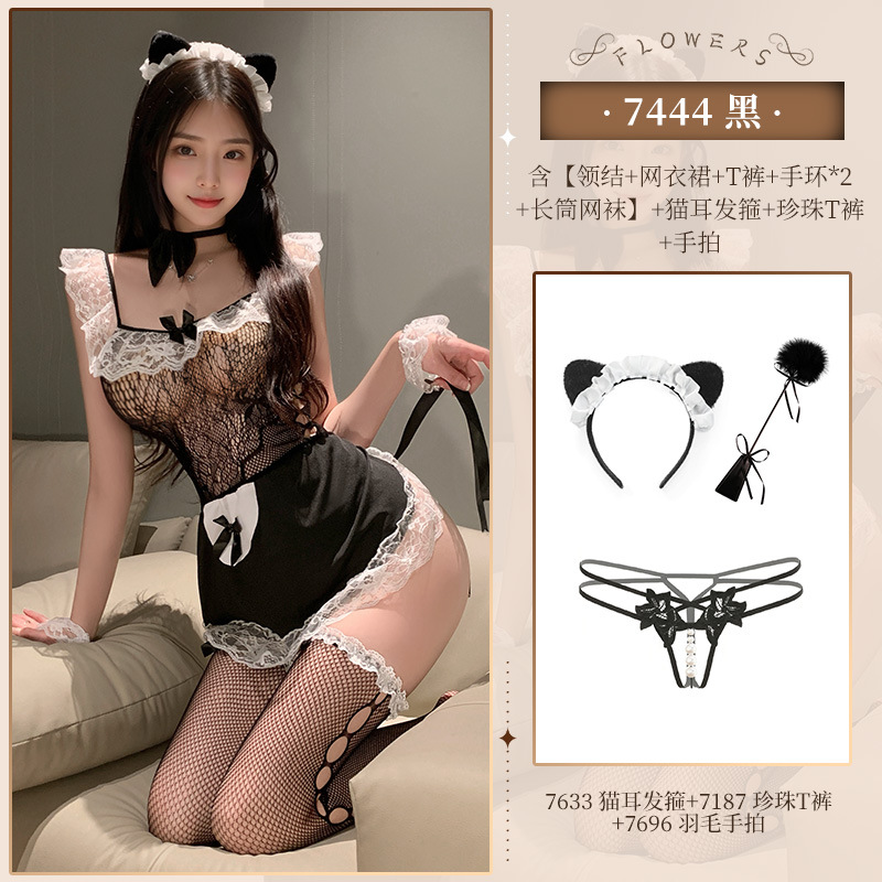 NY1SYT003064 black [bow tie + net skirt + T pants + bracelets*2 + long fishnet s…
