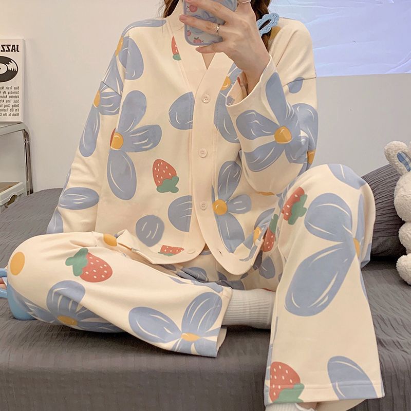 Al por mayor transfronterizo otoño y invierno nuevo cuello monje de algodón unilateral cardigan de manga larga pantalones de dibujos animados lindos pijamas ropa doméstica de mujer