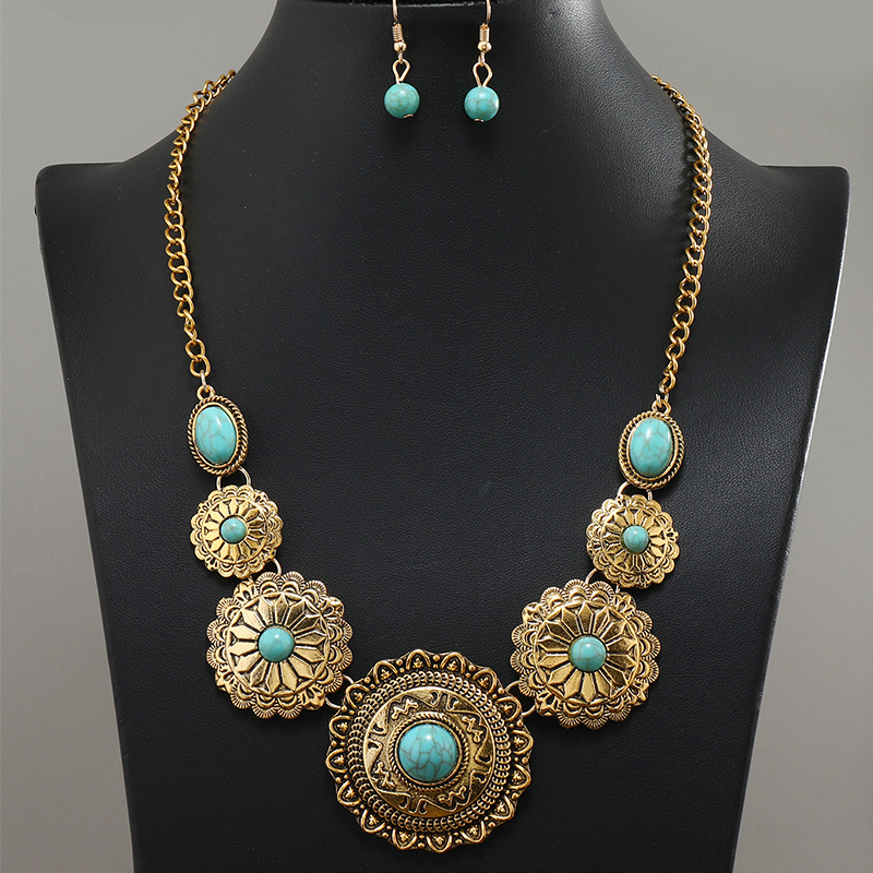 Retro Ethnic Style Geometric Alloy Plating Inlay Turquoise Women's Earrings Necklace display picture 6