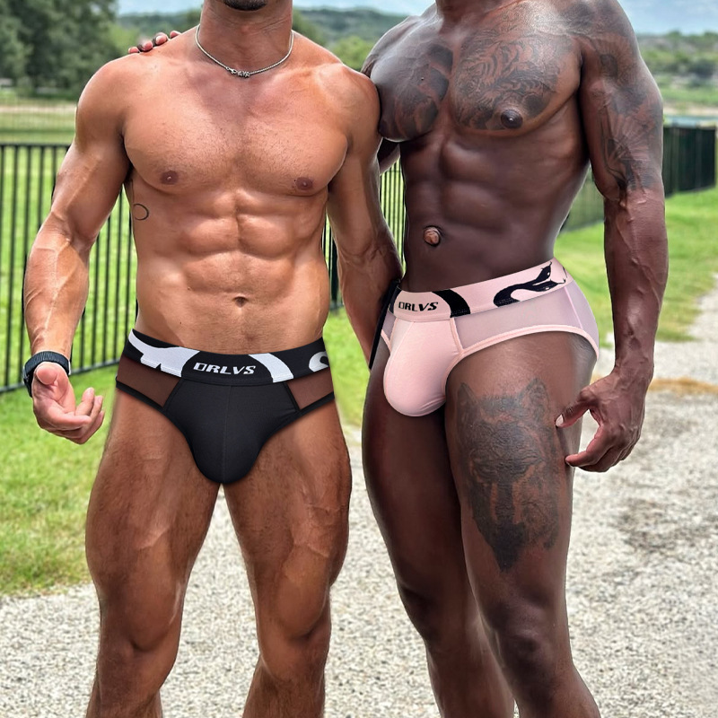 Explosions High Fork Solid Color Low Waist Tight Convex Thread Cotton Fitness Sexy Trendy Cool Double Snake Pattern Men's Briefs OR6491