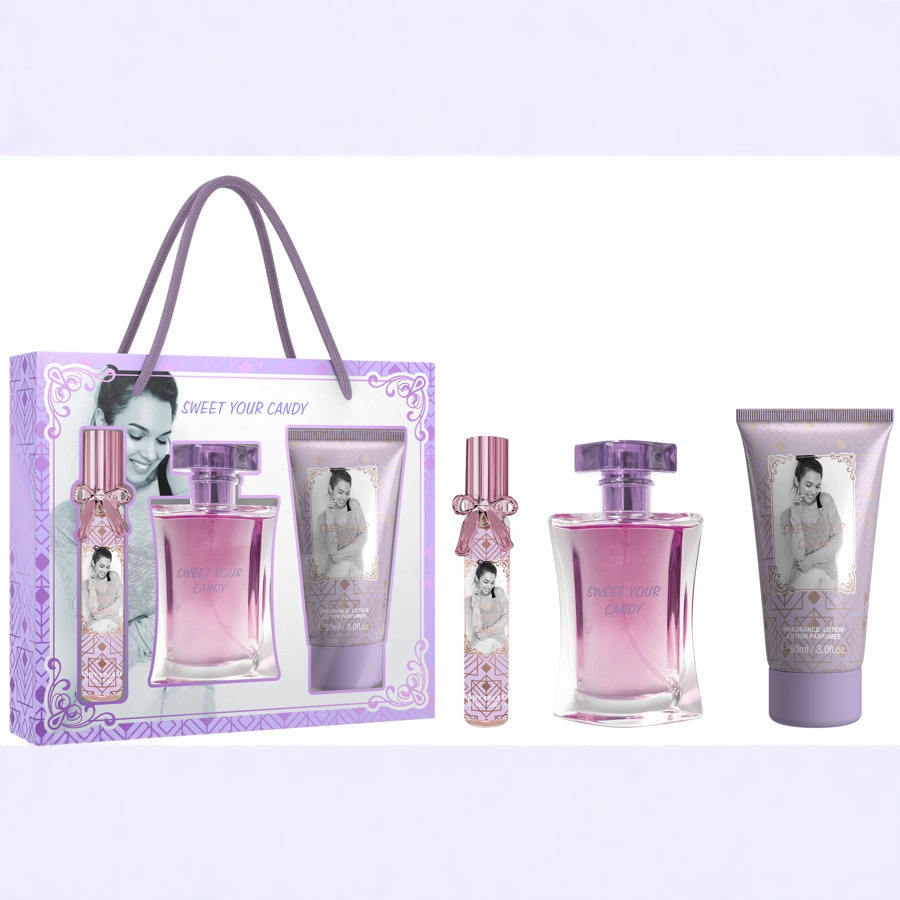 Transfronterizo de Oriente Medio caja de perfumes damas caja de regalo de agua de fragancia de tres piezas set de spray corporal de perfumes damas crema corporal