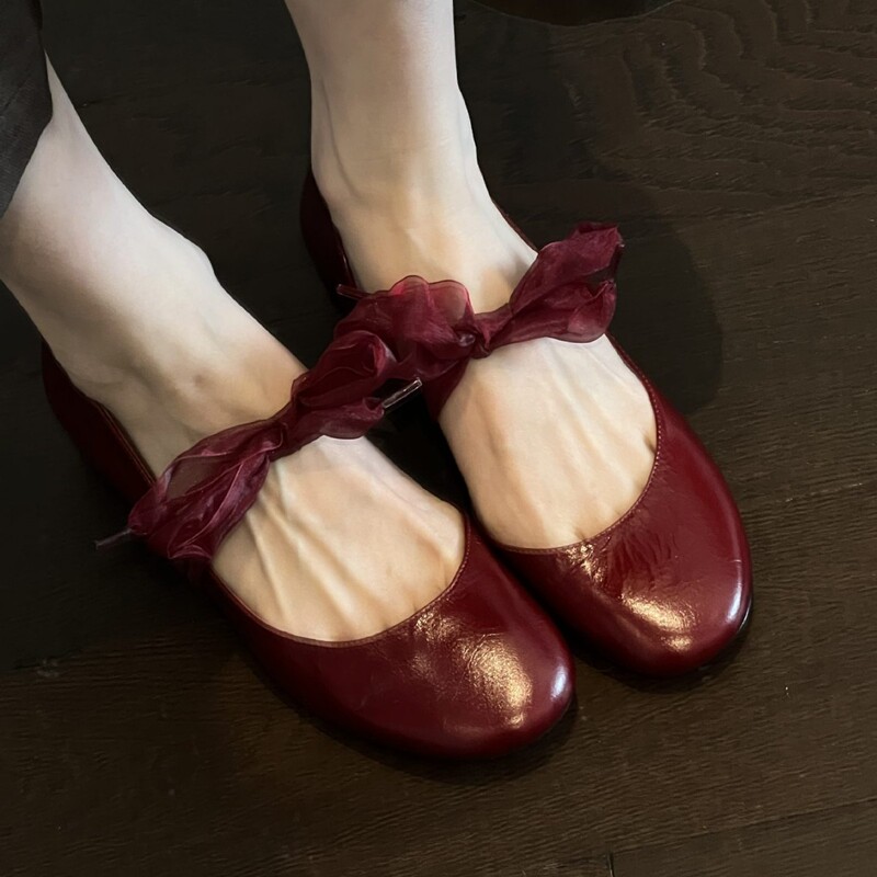 Sheepskin Version~Little Red Shoes with Exposed Toe Seams, Low-Heeled Ballet Shoes with Side Cutouts, Cowhide Shallow Mouth, and Internal Height Increase, Women's Flats Sheepskin Version~Little Red Shoes with Exposed Toe Seams, Low-Heeled Ballet Shoes with Side Cutouts, Cowhide Shallow Mouth, and Internal Height Increase, Women's Flats
