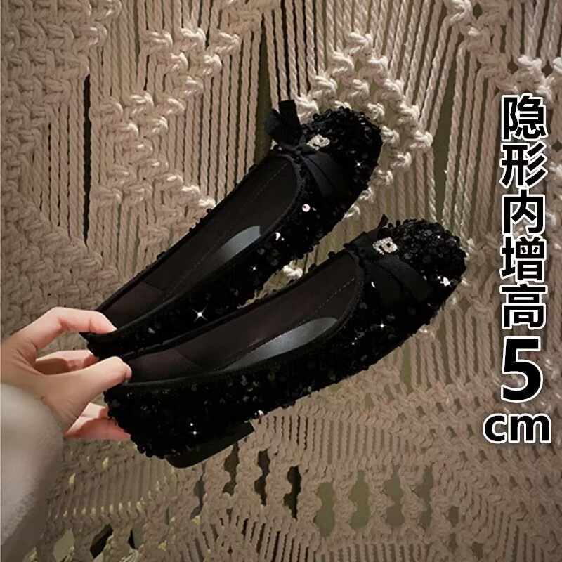 In Stock~2026 Spring New Style Shallow Mouth Bowknot Sequin Sparkling Slip-On Shoes with 5cm Hidden Heel