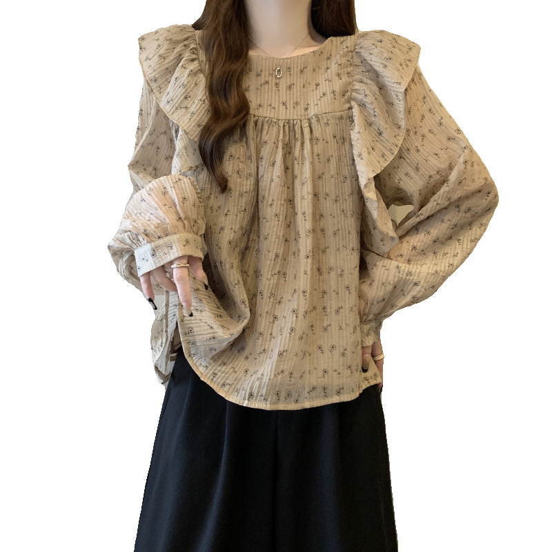 MAILLARD RUFFLED FLORAL CHIFFON 셔츠 여성용 가을 플러스 사이즈 통통녀 슬림 배꼽 덮음 인형 셔츠 연령 감소 탑