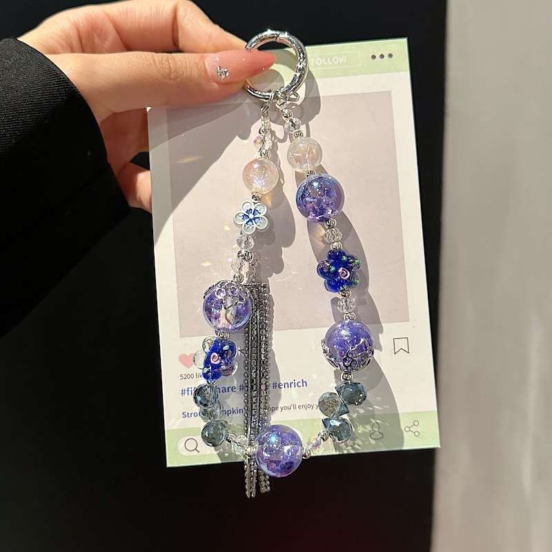 Boutique hecho a mano de alta gama colgante de teléfono móvil azul violeta borla cadena de cuentas de vidrio cordón de teléfono móvil de moda colgante de mensajero largo