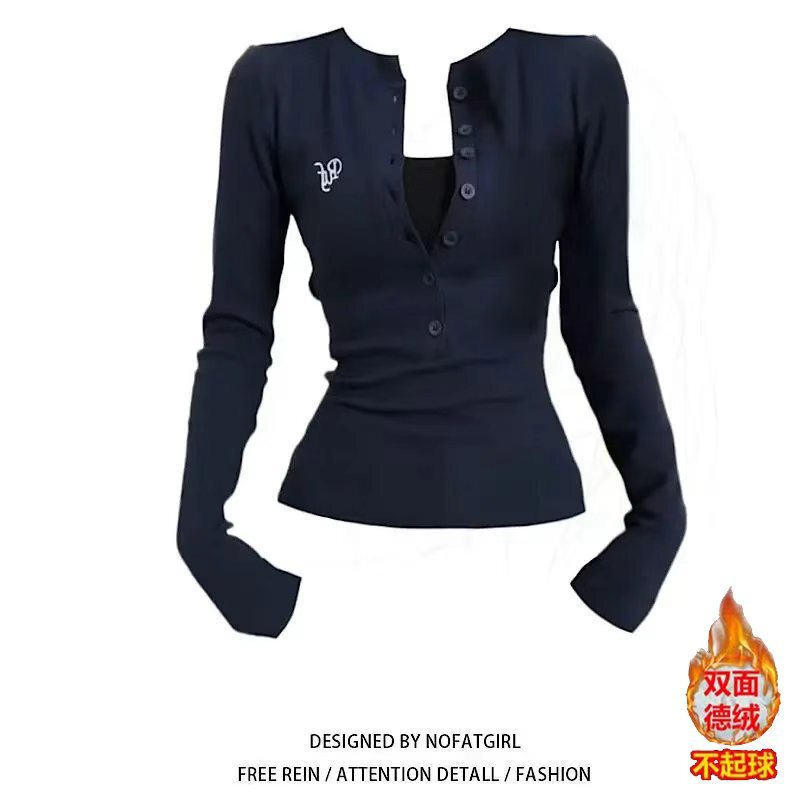 Button-Down Velvet Long-Sleeved T-Shirt for Women 2025 Autumn and Winter Short Bottoming Shirt American Sexy Slimming Look Top Button-Down Velvet Long-Sleeved T-Shirt for Women 2025 Autumn and Winter Short Bottoming Shirt American Sexy Slimming Look Top