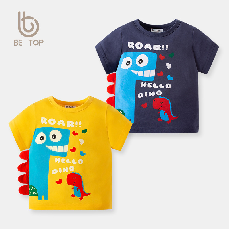 BT be top Camiseta de manga corta de verano para niños dinosaurio de dibujos animados Algodón Cuello redondo de media manga para niños estilo coreano ropa para niños al por mayor