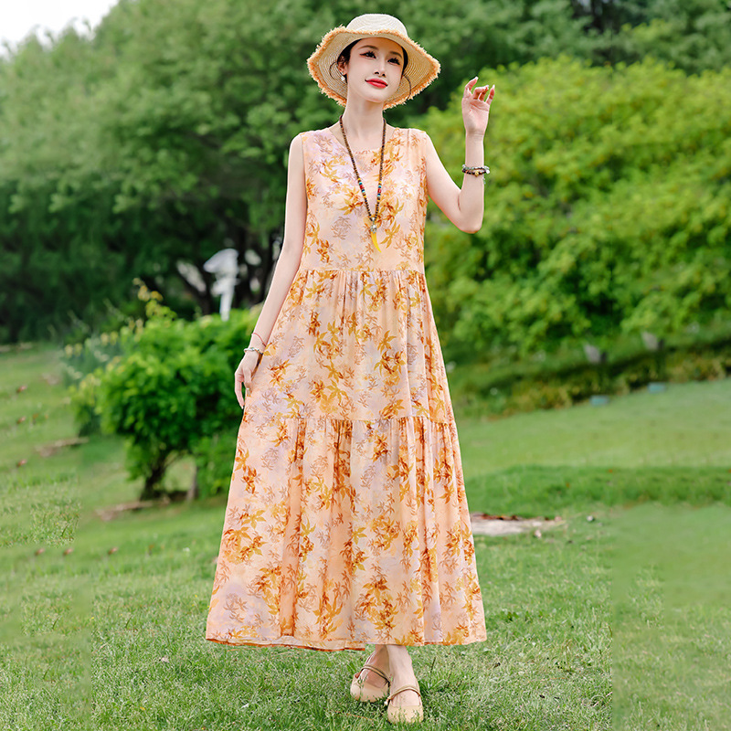 French Dress Women's Summer 2025 New Loose Large Size Extra Long Cotton Silk Floral Vest Skirt