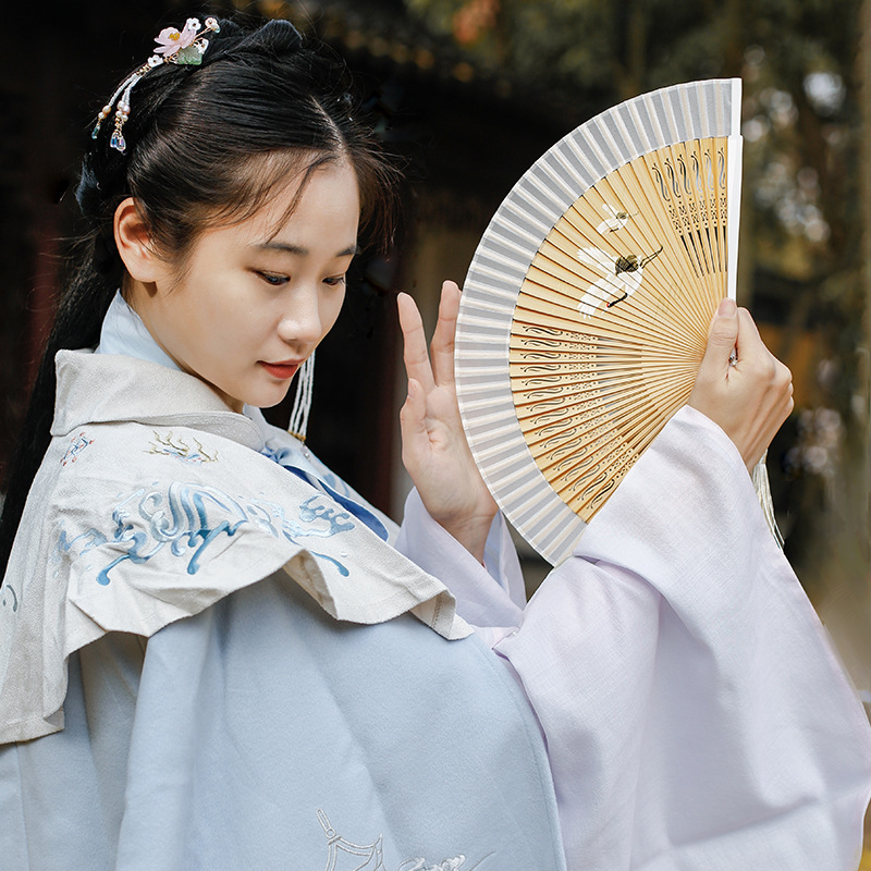 Lao Changmen[Su Xin]Summer Crane Hanfu Girl's Heart Fan Retro Style Suzhou Chinese Style Portable