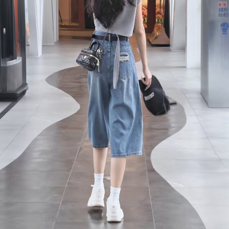 Plus-Size Ripped Cropped Jeans for Women, Summer Thin Style, High-Waisted, Slimming, Versatile Straight-Leg Wide-Leg Mid-Length Pants Plus-Size Ripped Cropped Jeans for Women, Summer Thin Style, High-Waisted, Slimming, Versatile Straight-Leg Wide-Leg Mid-Length Pants