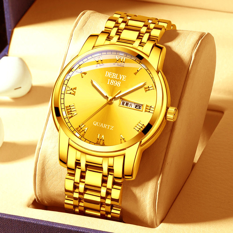 Fashion Classic double calendar luminous waterproof solid steel band Men's Watch wrist watch gift wholesale quartz watch Generation