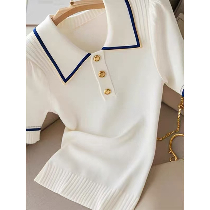 Women's Korean Style Color Block Striped Collared Short Sleeve T-Shirt Youthful Knitwear Top For Summer_ecoleips.com
