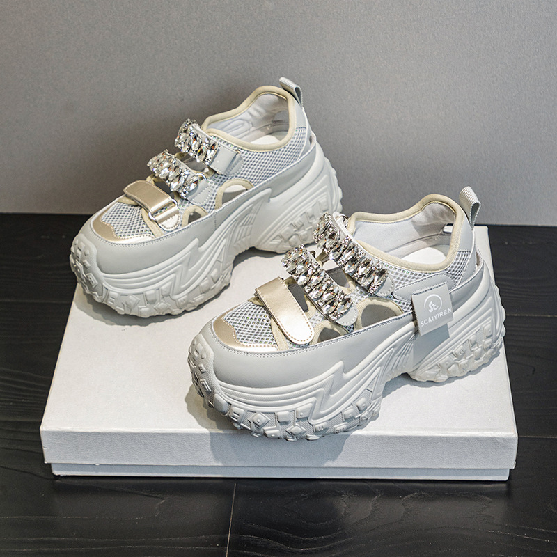 Giày sneaker nữ đế dày lưới rỗng đính đá thoáng khí thời trang đa năng — M2598 màu trắng, M2598 màu xám