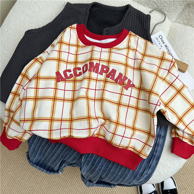 Felpa con cappuccio a quadri stampata per bambini 2024, un nuovo prodotto autunnale dalla Corea del Sud, con scollo rotondo dai colori vivaci_voghion.com