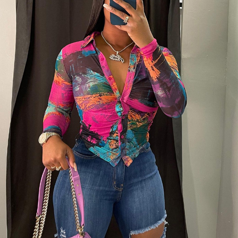 Women's Blouse Long Sleeve Blouses Printing Casual Color Block display picture 2