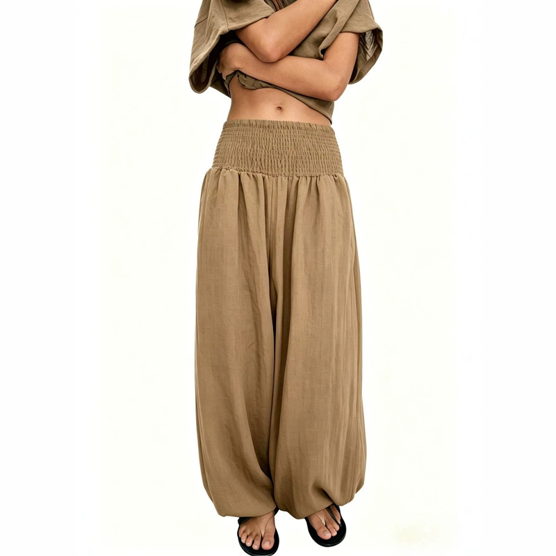 2026 Amazon's New Hot-Selling Cross-Border Women's High-Waisted Gathered Solid Color Cotton-Linen Fashion Casual Lantern Pants Wide-Leg Pants for Women