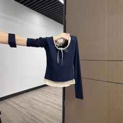 假两件内搭打底衫女新款秋季chic修身正肩长袖藏青短款上衣小个子