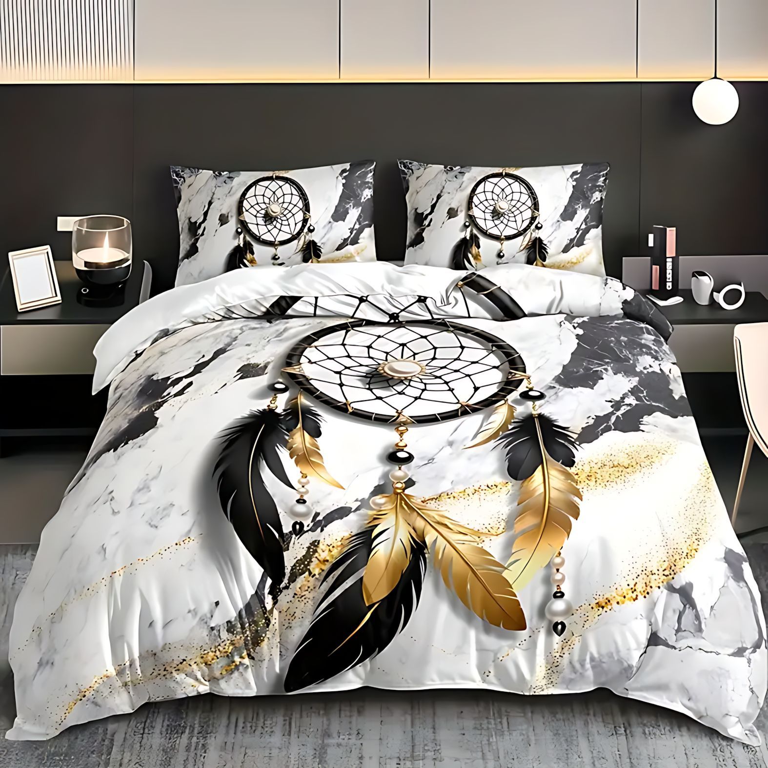 TEMU / JIT Moda clásica plumas de mármol HD impresión digital colcha de colcha de cama set