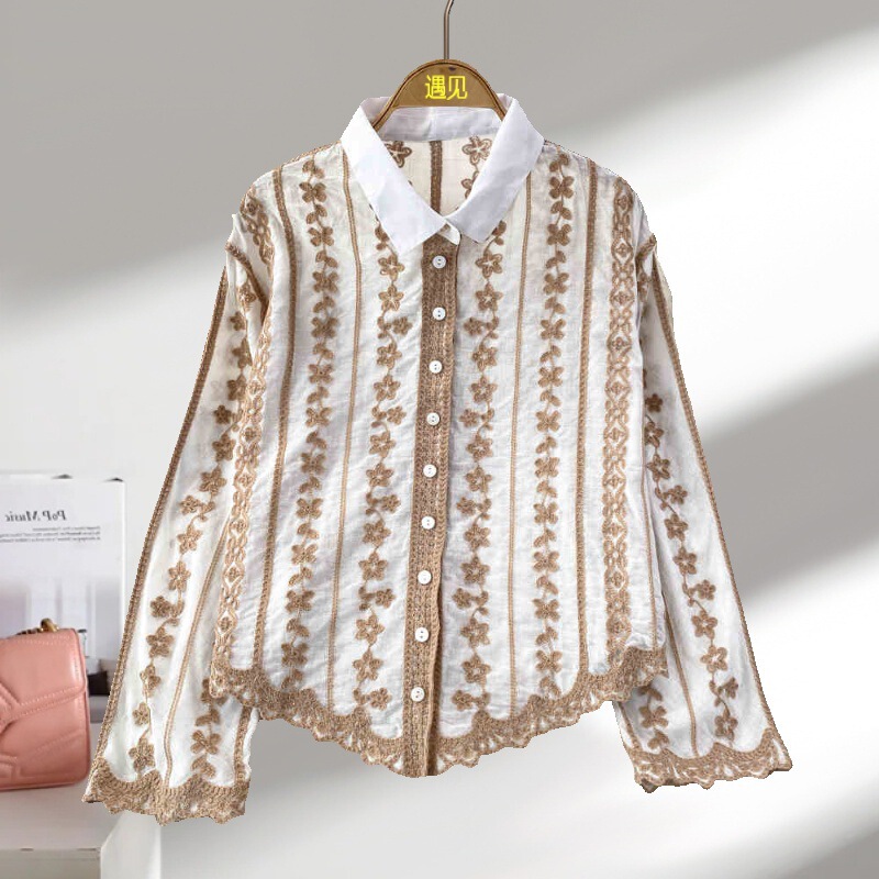 French High-end Design Sense Long Sleeve Lapel Loose Slimming Single-breasted Cotton Embroidered Shirt Women's Casual Top French High-end Design Sense Long Sleeve Lapel Loose Slimming Single-breasted Cotton Embroidered Shirt Women's Casual Top
