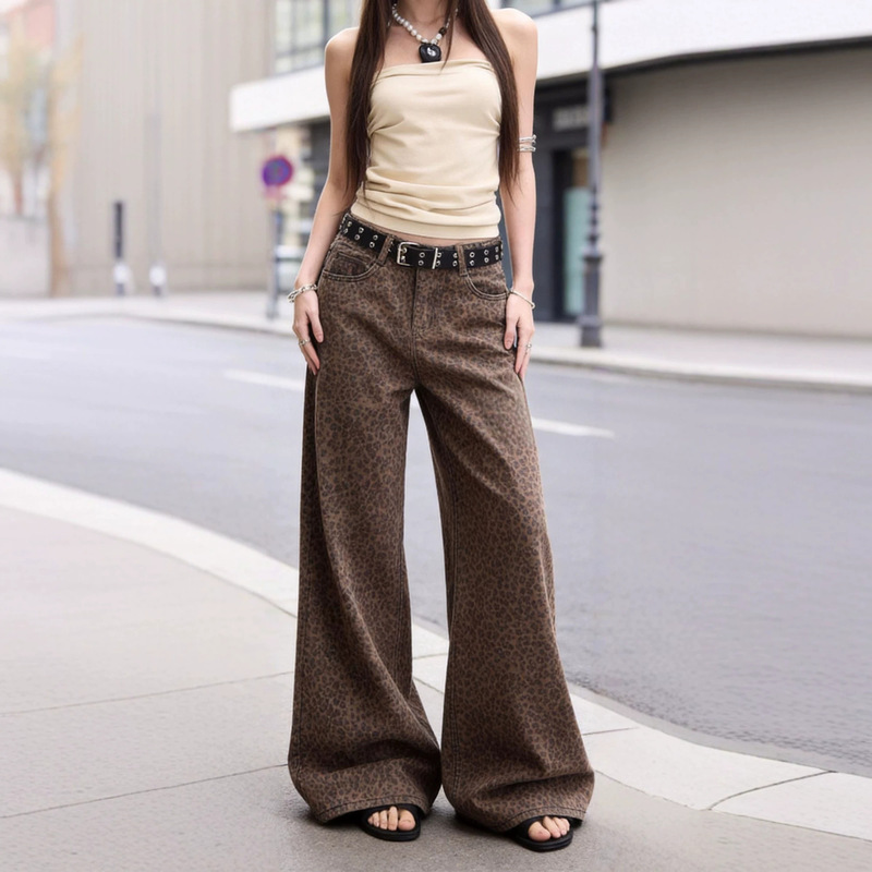 Cross-Border Trade New Heart-Shaped Embroidery Repair Vintage Low-Saturation Leopard Print American High Street Wide-Leg Loose Jeans Extended Length Cross-Border Trade New Heart-Shaped Embroidery Repair Vintage Low-Saturation Leopard Print American High Street Wide-Leg Loose Jeans Extended Length