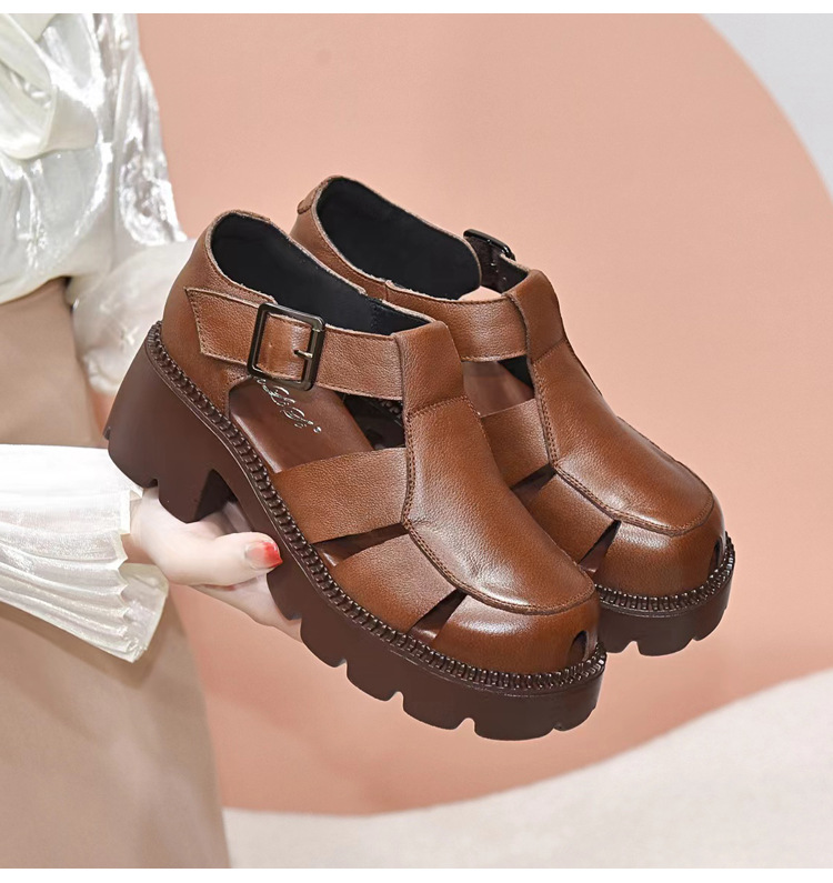 Giày sandal nữ bít mũi da thật phong cách retro đế dày gót thấp — Màu nâu chi tiết 14