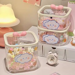 プレス式卓上子供用ヘアアクセサリーボックスヘアロープ収納ボックス収納大容量ステッカー蓋付き透明ゴムバンドヘアピン