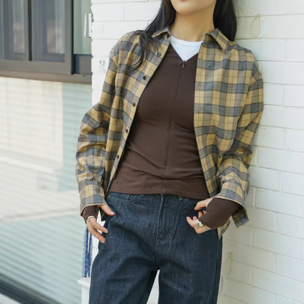 새로운 레트로 격자 무늬 느슨한 어깨 격자 무늬 긴팔 셔츠 노란색 턴 오버 격자 무늬 캐주얼 여성 4415