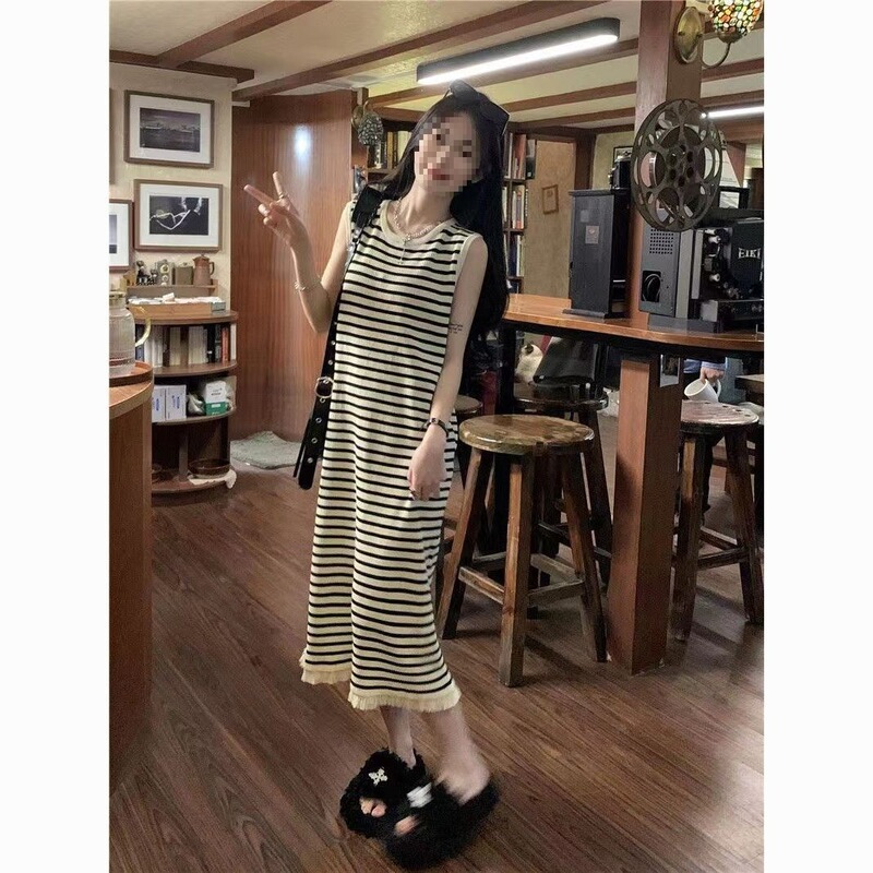 Knitted Tassel Sleeveless Vest Slimming Dress for Women Summer New Style Over-The-Knee Long Skirt Student Retro Striped Dress