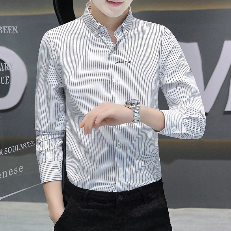 Tiktok приталенная рубашка с длинными рукавами в Корейском стиле с острым воротником, Мужская Весенняя новая молодежная красивая рубашка-кардиган в Вертикальную Полоску