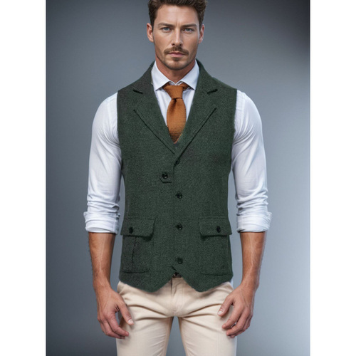 Spring and Autumn Men's Fashion Vintage Blazer Vest with Single Button Leisure Suit Jacket Herringbone Fabric
