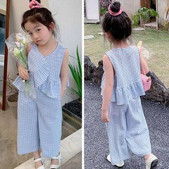 Girls summer suit Korean style Western style plaid sleeveless top + trousers 2-piece set for children and middle-aged children