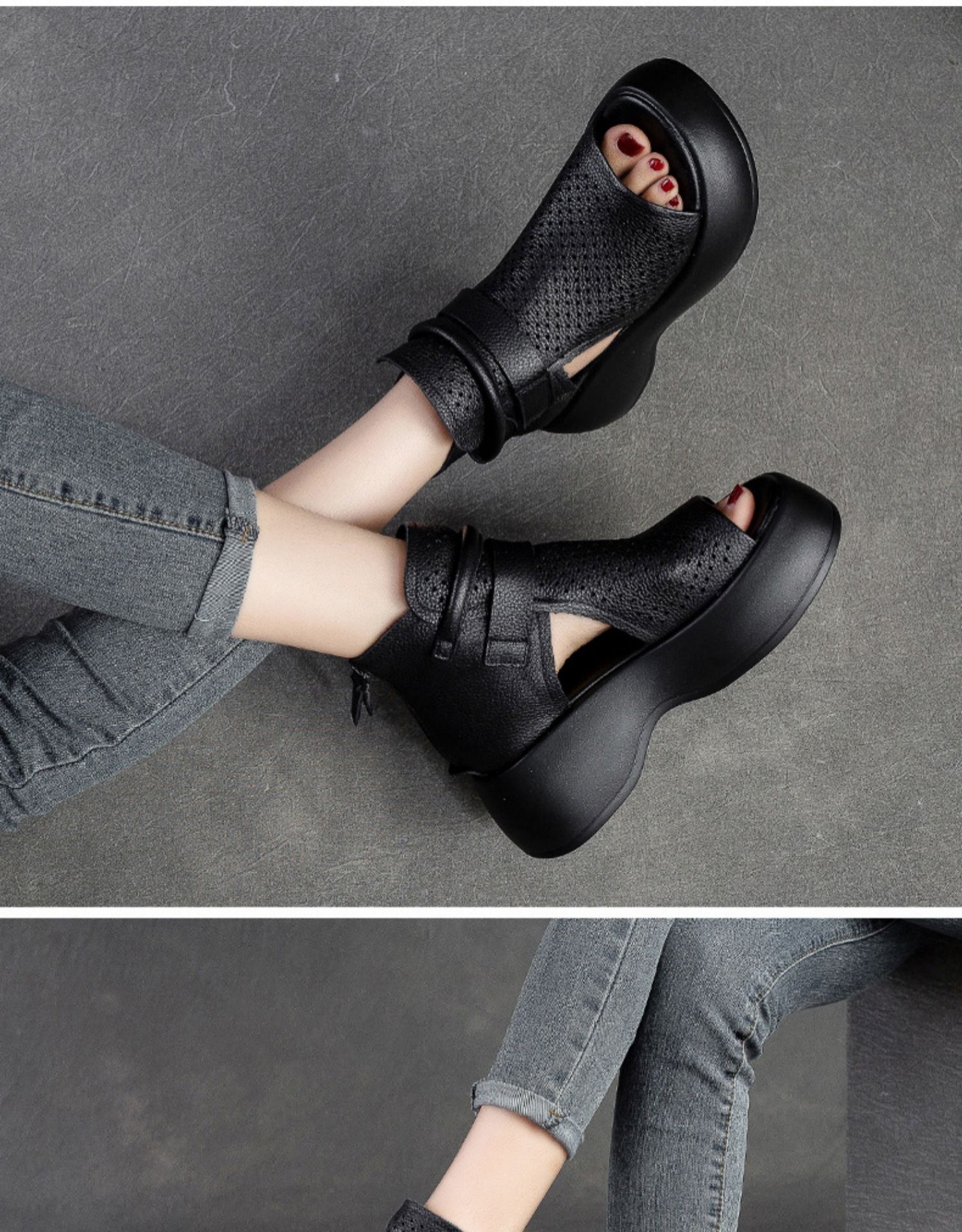 Sommer-Muffin-Sandalen mit dicken Sohlen, Oberbekleidung, Mikrofaser, Retro-Stil, hochhackige Fischmaul-Hohlstiefel, römische Damensandalen_voghion.com