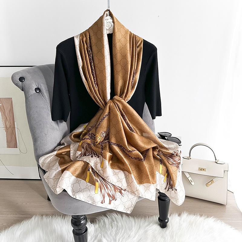 Bufanda de seda de satén de seda nueva marca de moda Bufanda de seda larga de gama alta Bufanda delgada de verano para mujer Bib de todo fósforo para madre de regalo chal