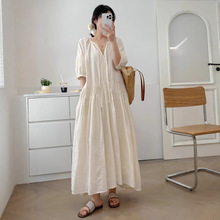 日系森系全棉提花连衣裙夏季新款宽松百搭减龄文艺系带圆领长裙子