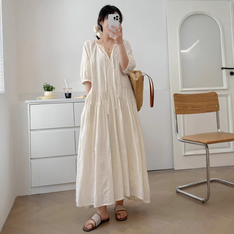 Japanese Mori Cotton Jacquard dress Summer New Loose All-match Age-reducing Artistic Lace-up Crewneck Long Skirt